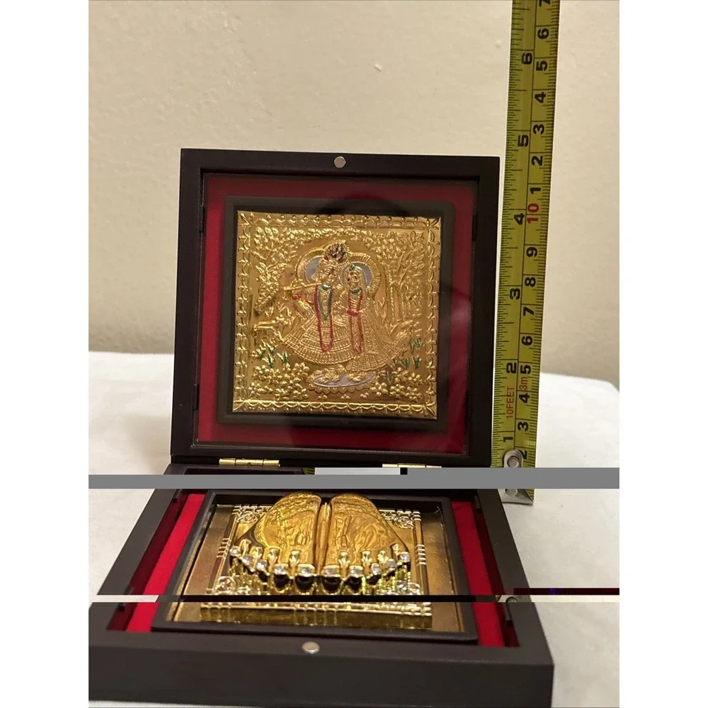 Gold Plated Radhe Shyam God Prayer Box Charan Paduka Religious Decor